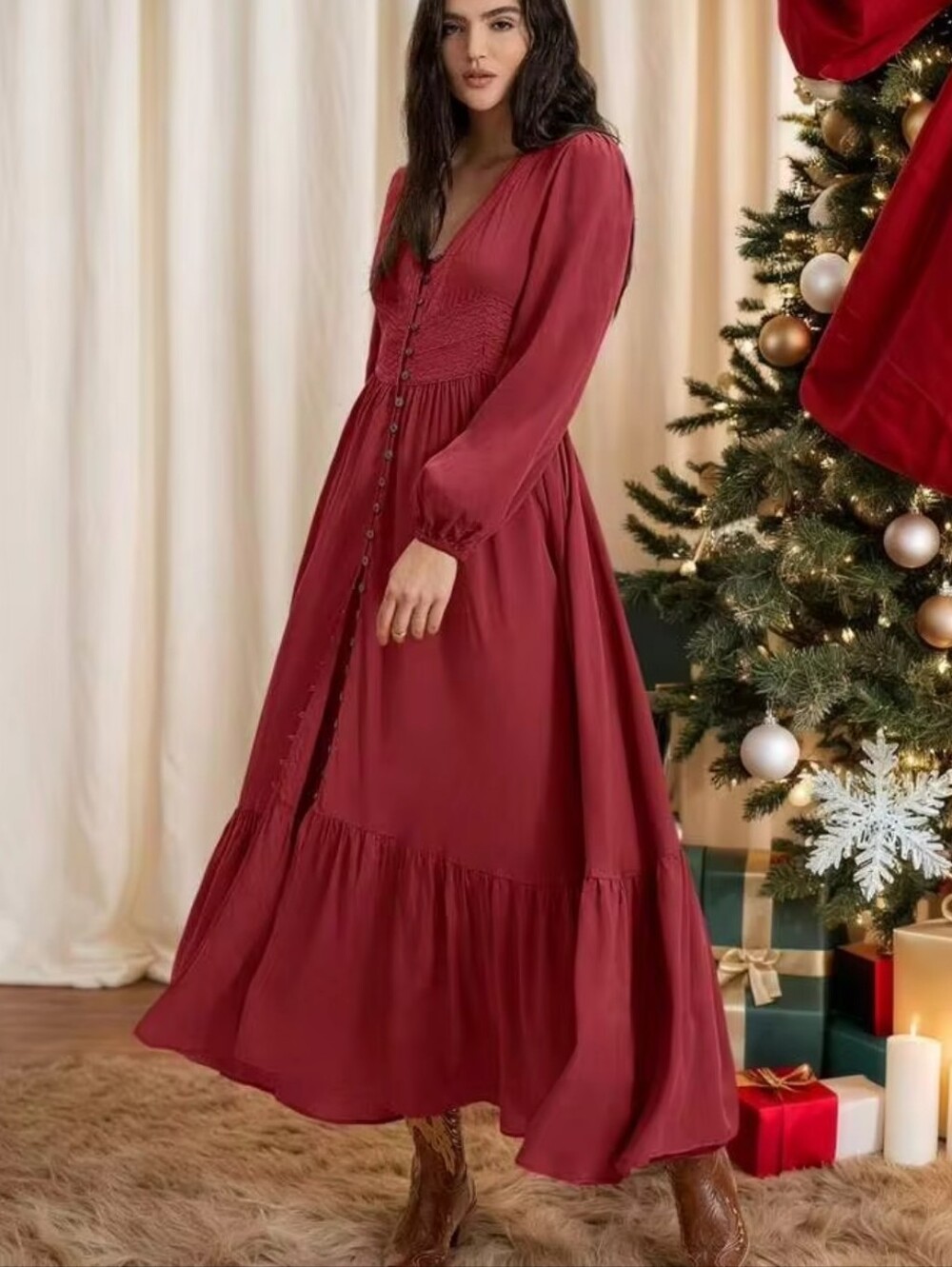 Rusttydustty Crimson Button-Front Maxi Dress